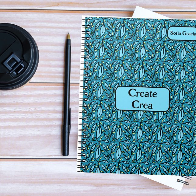Blue Leaves Pattern Bilingual Create/Crea & Name Notebook (Bilingual Blue leaves, pattern custom text & name Create Crea, Spanish, Multilingual Project)