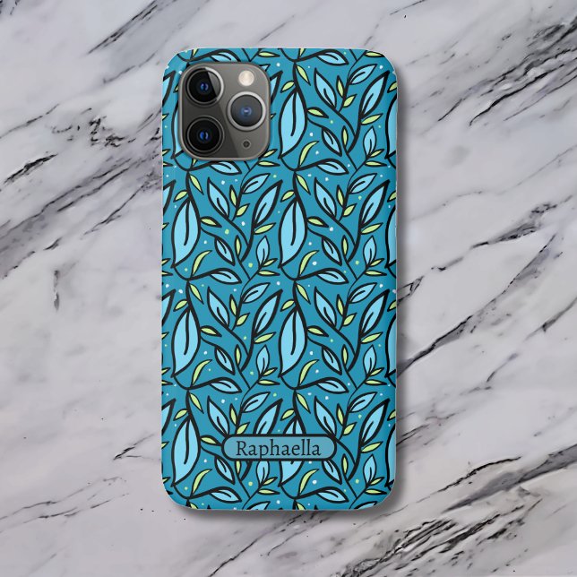 Blue Leaves Pattern Name Bilingual Text Case-Mate iPhone Case (Blue leaves custom iPhone case name & bilingual text, Spanish. "Multilingual Project")