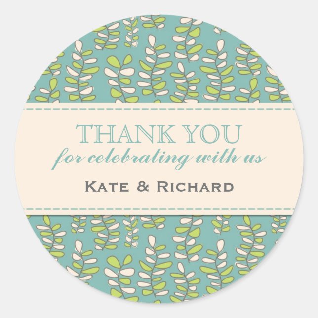 Blue Leaves Pattern Wedding Thank You Stickers (Front)