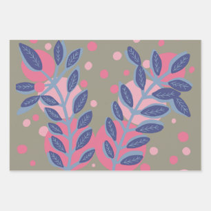 Blue leaves pink dots wrapping paper sheet