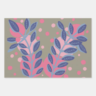 Blue leaves pink dots wrapping paper sheet