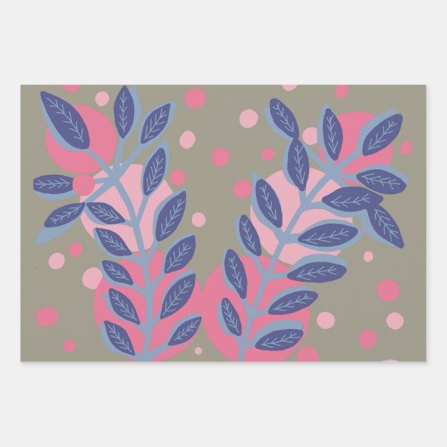 Blue leaves pink dots wrapping paper sheet (Front)