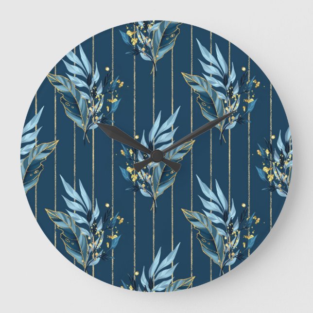 Blue Leaves Seamless Wrap Background Large Clock (Front)