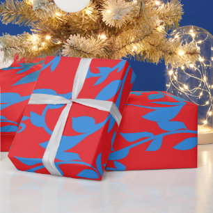 Blue Leaves Vines Red Botanical Wrapping Paper