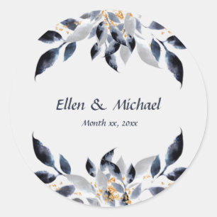 Blue Leaves with Gold Wedding Classic Round Sticker