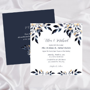 Blue Leaves with Gold Wedding Invitation