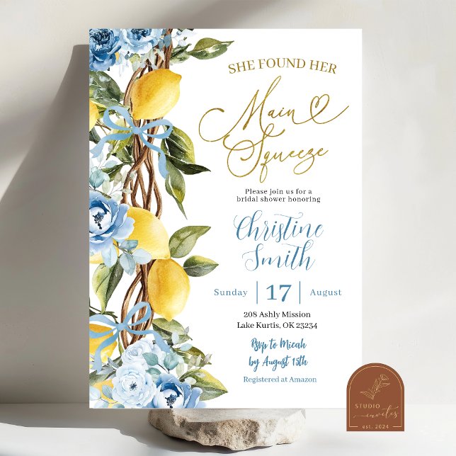 Blue Lemon and Bow Main Squeeze Bridal Shower Invitation (Creator Uploaded)