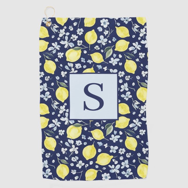 Blue Lemon Floral Monogram  Golf Towel (Front)