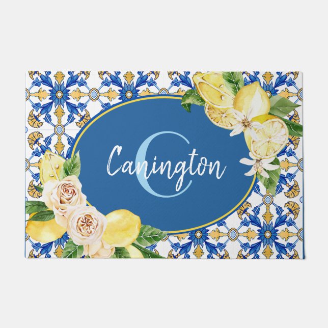 Blue Lemon Mediterranean Monogram Name New Home Doormat (Front)