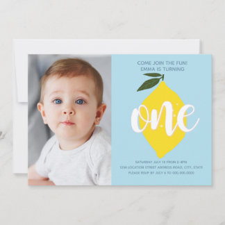Blue Lemon Photo First Birthday Invitation