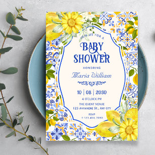Blue lemon tile pattern art baby shower invitation