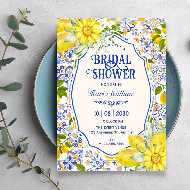 Blue lemon tile pattern art birthday invitation (Creator Uploaded)