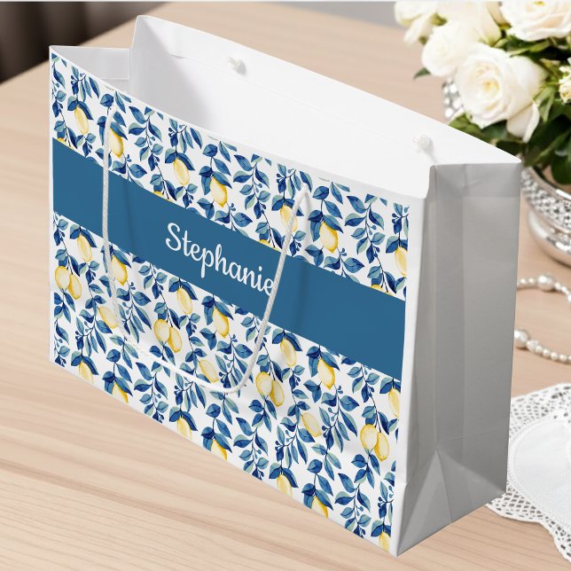 Blue Lemon Watercolor Monogram Name Large Gift Bag (Creator Uploaded)
