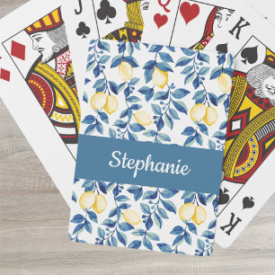 Blue Lemon Watercolor Monogram Name Playing Cards