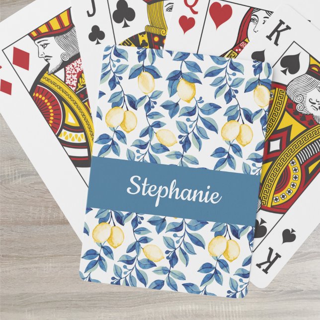 Blue Lemon Watercolor Monogram Name Playing Cards (Creator Uploaded)