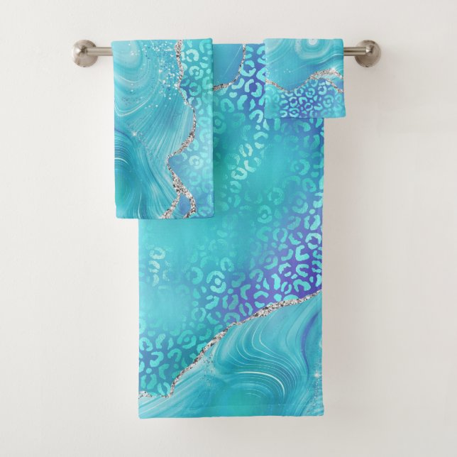 Blue Leopard Agate Gold Glitter Design Bath Towel Set (Insitu)