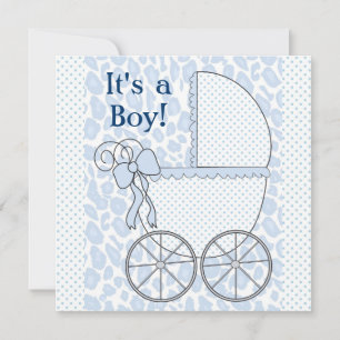 Blue Leopard Baby Carriage Baby Boy Shower Invitation