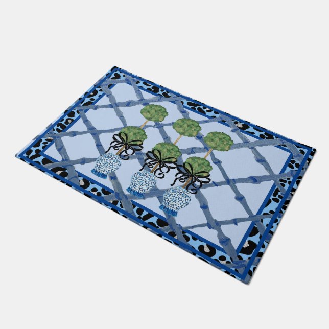 Blue Leopard  Chinoiserie Ginger Jar   Doormat (Angled)