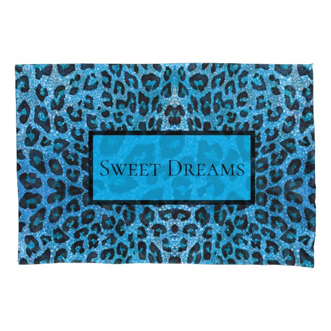 Blue Leopard Faux Sparkle Sweet Dreams Modern Chic Pillowcase (Front)