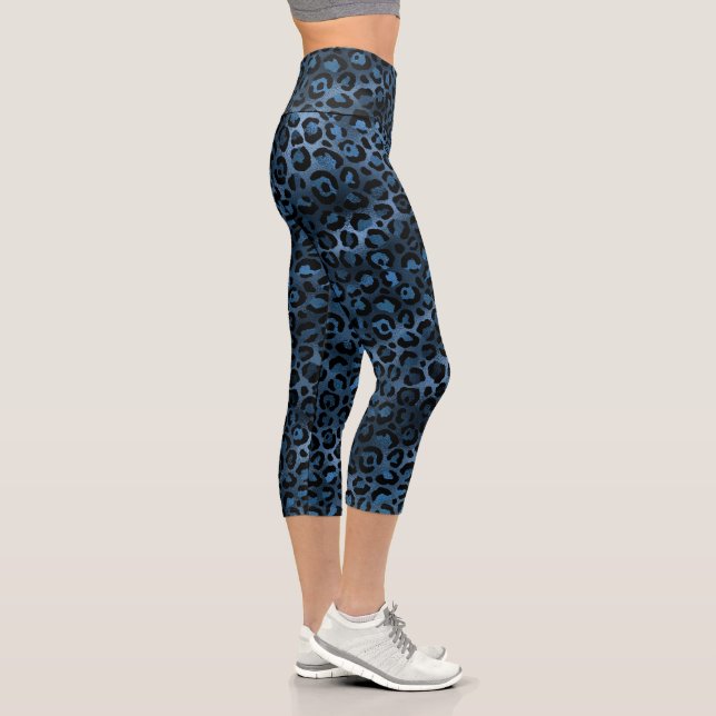 Blue Leopard Print Animal Pattern Capri Leggings (Right)