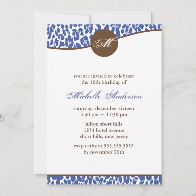 Blue Leopard Print Monogram Birthday Invitation (Front)