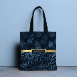 Blue Leopard Print Shimmer Tropical Floral Name Tote Bag<br><div class="desc">Blue Leopard Print Shimmer Tropical Floral Name Tote Bags features an elegant blue and black shimmer leopard print pattern and tropical floral pattern with your personalized name in the centre on a gold band. Personalize by editing the text in the text boxes. Designed for you by ©Evco Studio www.zazzle.com/store/evcostudio</div>