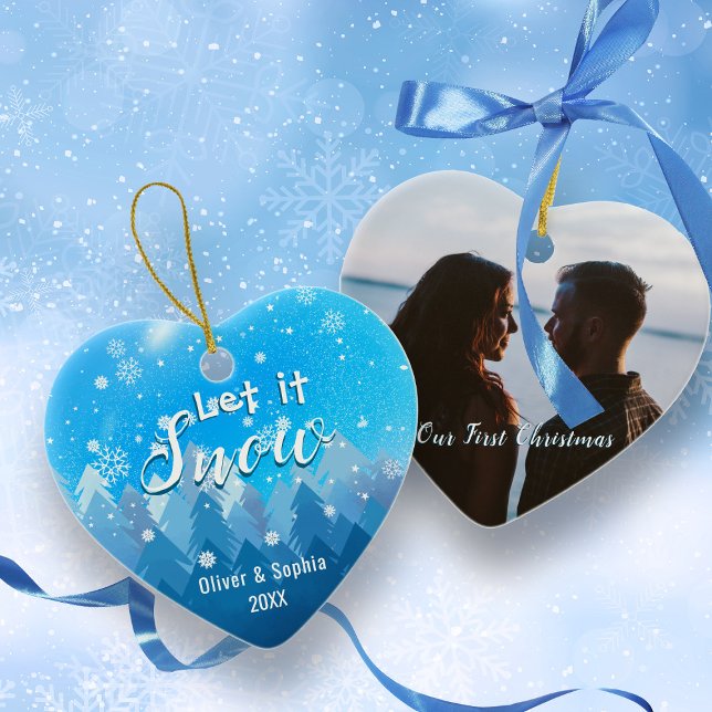 Blue Let it Snow First Christmas Photo Ceramic Ornament (Creator Uploaded)