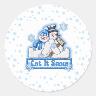 Blue Let It Snow Snowman Couple Christmas Holiday Classic Round Sticker