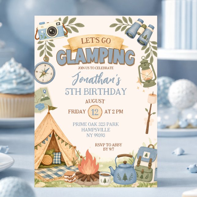 Blue Let's Go Glamping Birthday Invitation (Creator Uploaded)