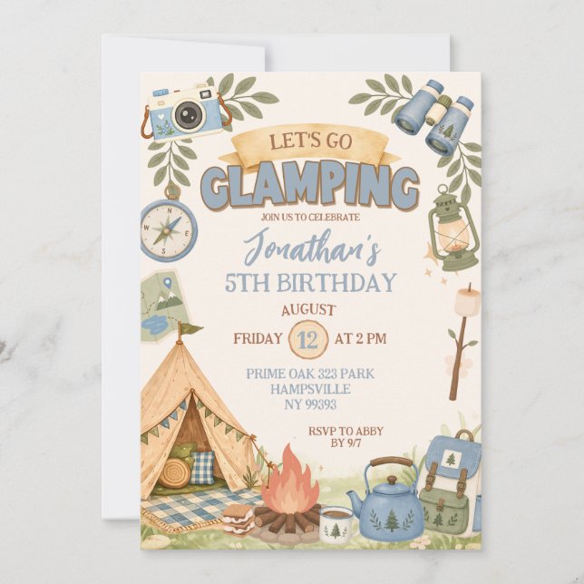 Blue Let's Go Glamping Birthday Invitation (Front)