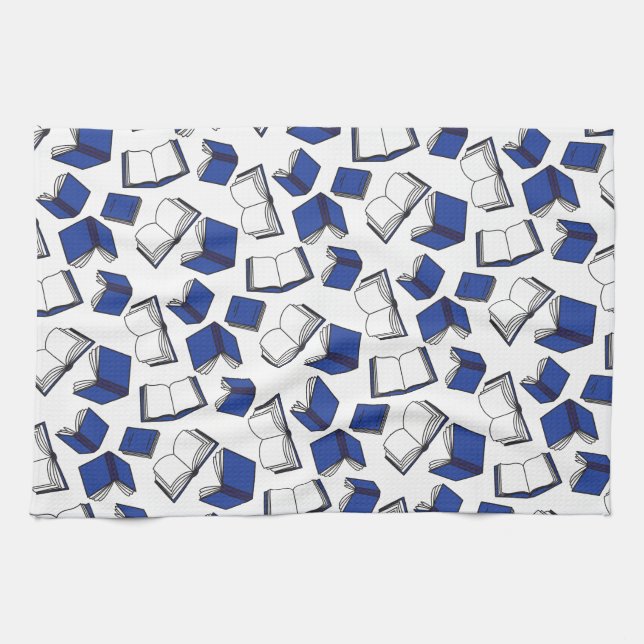Blue Library Book Pattern Librarian Kitchen Towel (Horizontal)