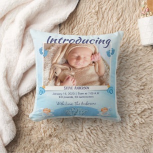 Blue Light Birth Announcement Personalize Throw Pillow