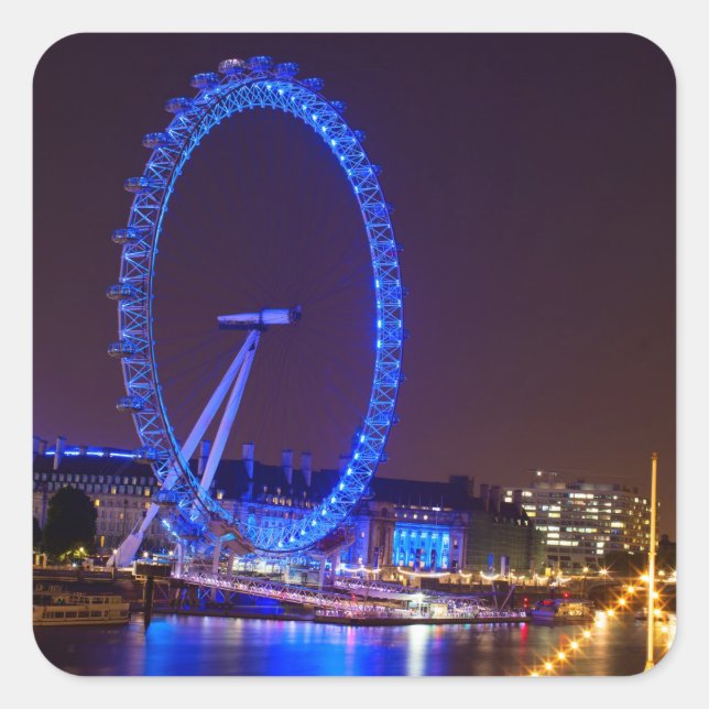 Blue light London eye in the night Square Sticker (Front)