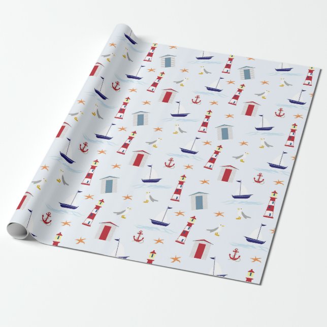 Blue Lighthouse Beach Wrapping Paper (Unrolled)