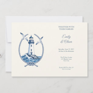 Blue Lighthouse Coastal Wedding Invitation