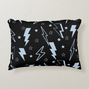 Blue Lightning Black Background Y2K Pattern Accent Pillow