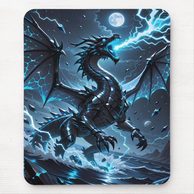 Blue Lightning Black Dragon Storm Fantasy Gaming Mouse Pad (Front)