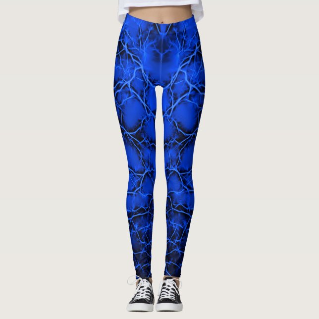 Blue lightning, bolts pattern thunders on dark sky leggings (Front)