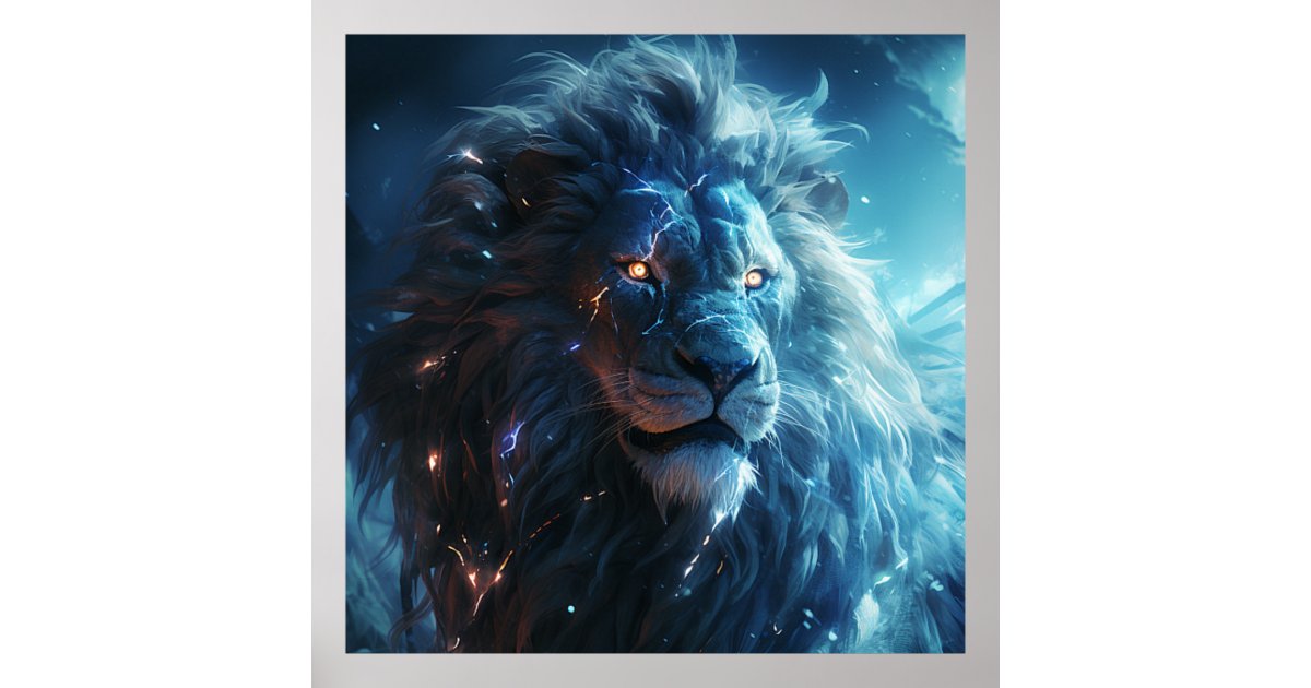 Blue Lightning Lion Face Art Poster | Zazzle