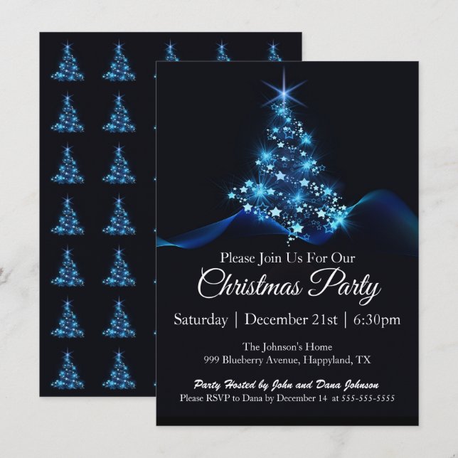 Blue Lights Christmas Tree Holiday Party Invitation (Front/Back)