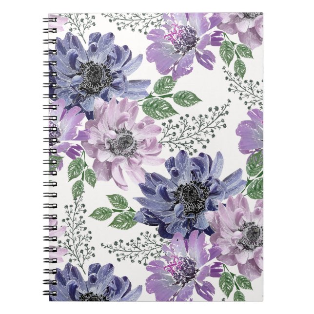 Blue, lilac flowers on a white background. notebook (Front)