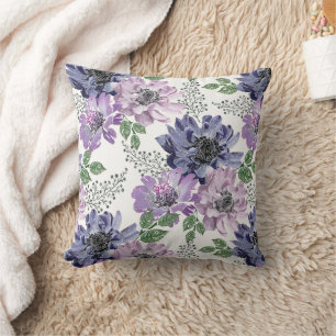 Blue, lilac flowers on a white background. throw pillow