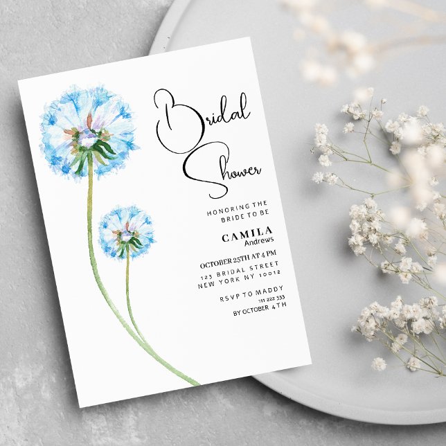 Blue lilac green dandelion floral Bridal Shower Invitation (Blue lilac green dandelion floral Bridal Shower)