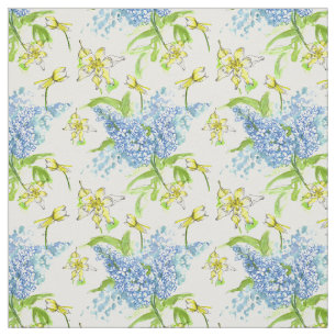 Blue Lilacs Yellow Columbine Watercolor Flowers Fabric