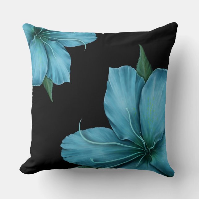 Blue Lilies on Black Throw Pillow (Front)