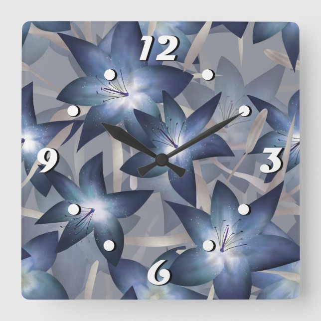 Blue lilies square wall clock (Front)