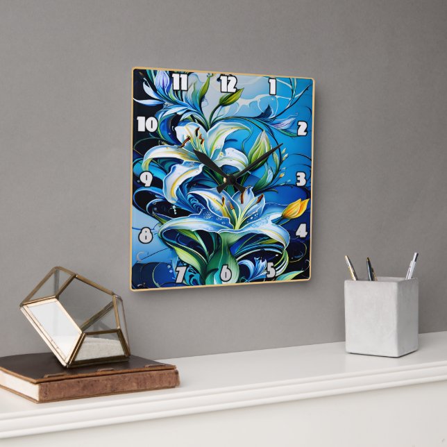 Blue Lily Floral Design With Swirling Patterns Square Wall Clock (Office)