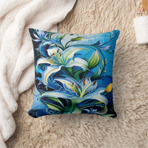 Blue Lily Floral Design With Swirling Patterns Throw Pillow