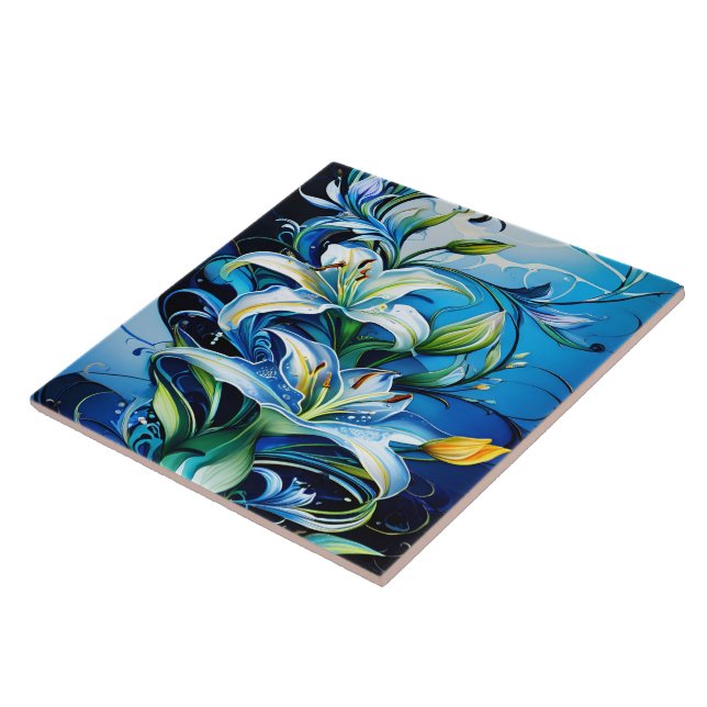 Blue Lily Floral Design With Swirling Patterns Tile (Side)