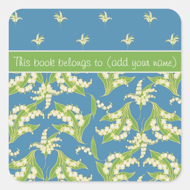 Blue Lily-of-the-Valley Floral Stick-on Bookplates Square Sticker (Front)